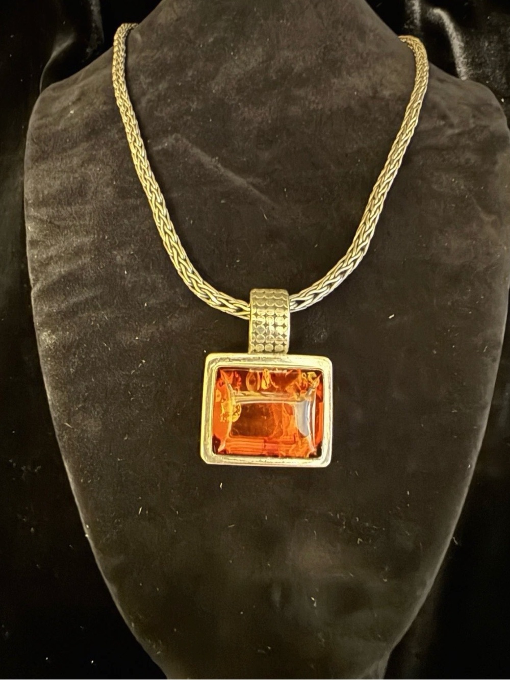 Substantial Lori Bonn 925 Sterling Silver Chain Necklace w/ Amber Pendant